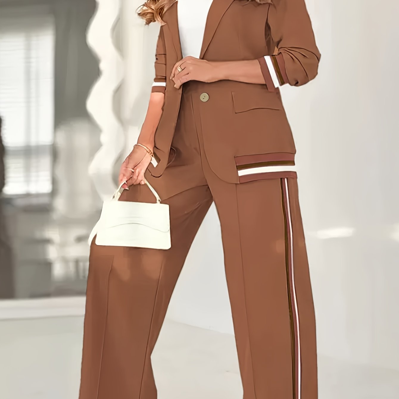 Women’s French Two-Piece Blazer Set – Button-Up Top + Wide-Leg Trousers