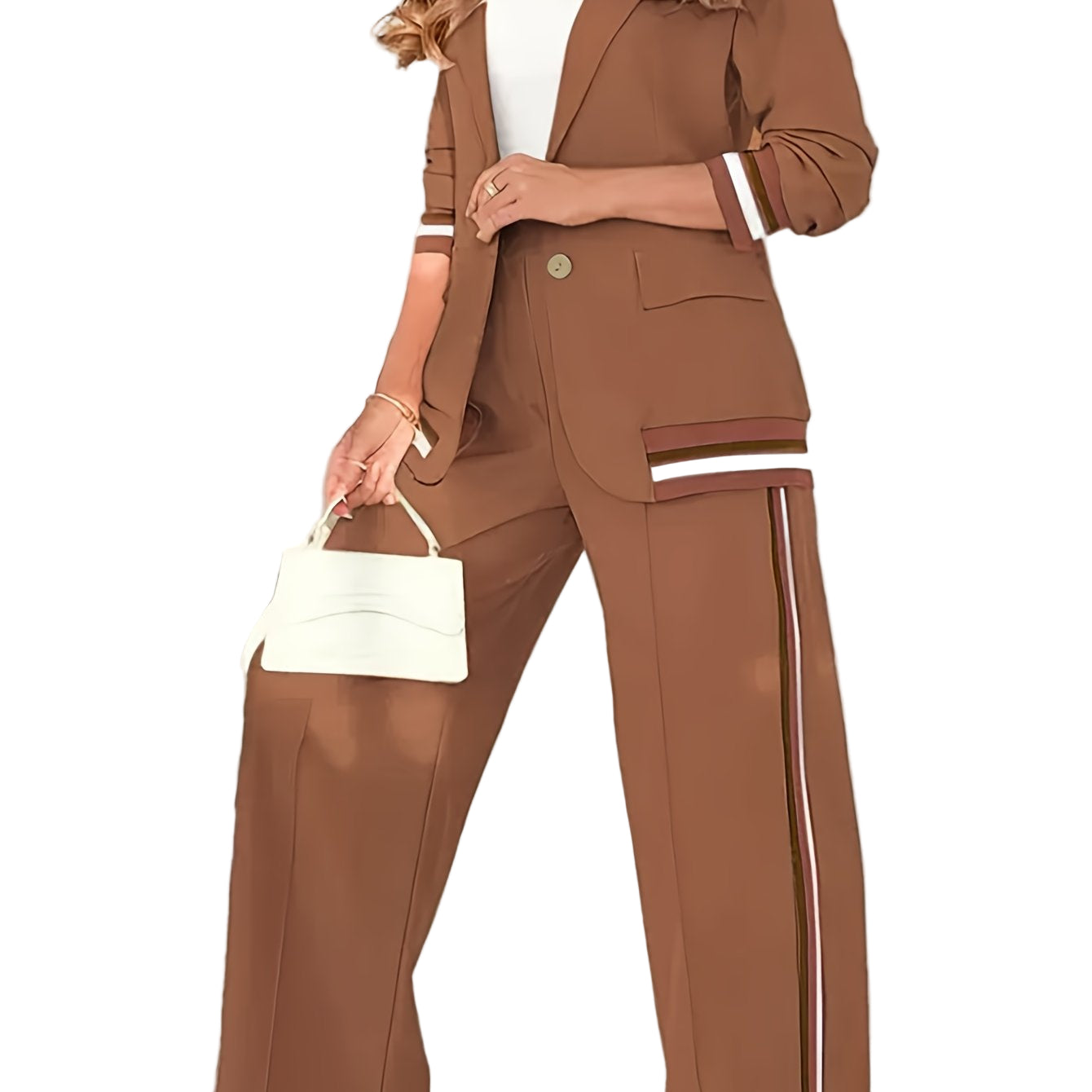 Women’s French Two-Piece Blazer Set – Button-Up Top + Wide-Leg Trousers