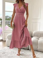 Radiant Charm V-Neck Ruffled Midi Dress