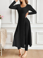 Two-piece Set of Long-sleeved Ribbed Top and Pants for Women