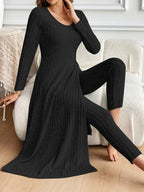 Two-piece Set of Long-sleeved Ribbed Top and Pants for Women