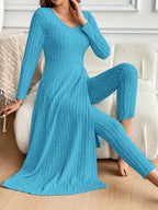 Two-piece Set of Long-sleeved Ribbed Top and Pants for Women