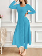 Two-piece Set of Long-sleeved Ribbed Top and Pants for Women