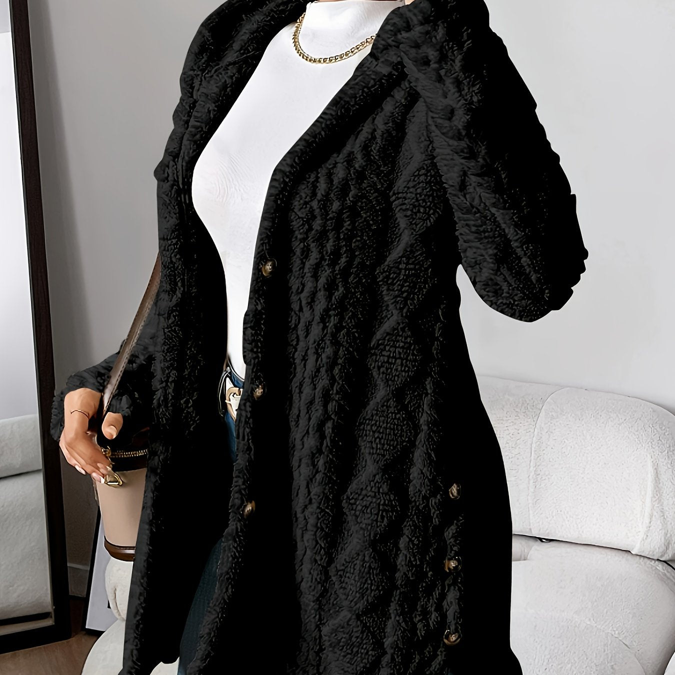 Plush Elegance – Hooded Jacquard Coat