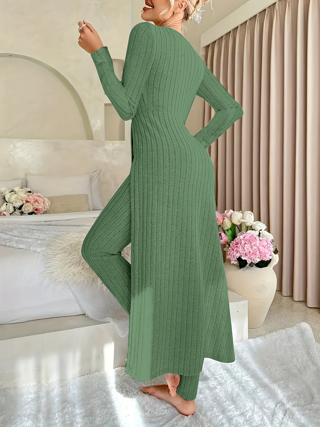Two-piece Set of Long-sleeved Ribbed Top and Pants for Women