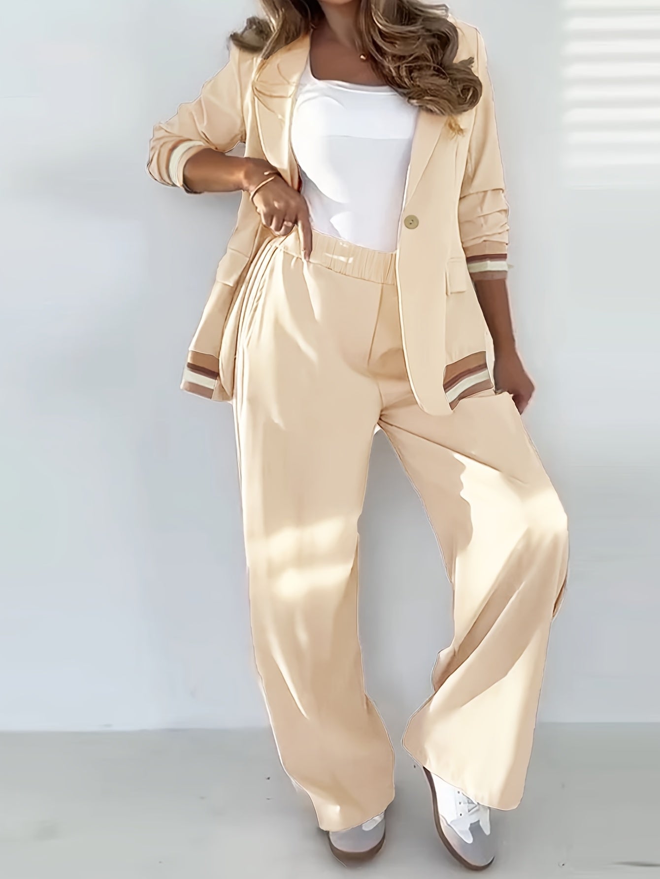 Women’s French Two-Piece Blazer Set – Button-Up Top + Wide-Leg Trousers