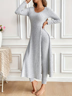 Two-piece Set of Long-sleeved Ribbed Top and Pants for Women