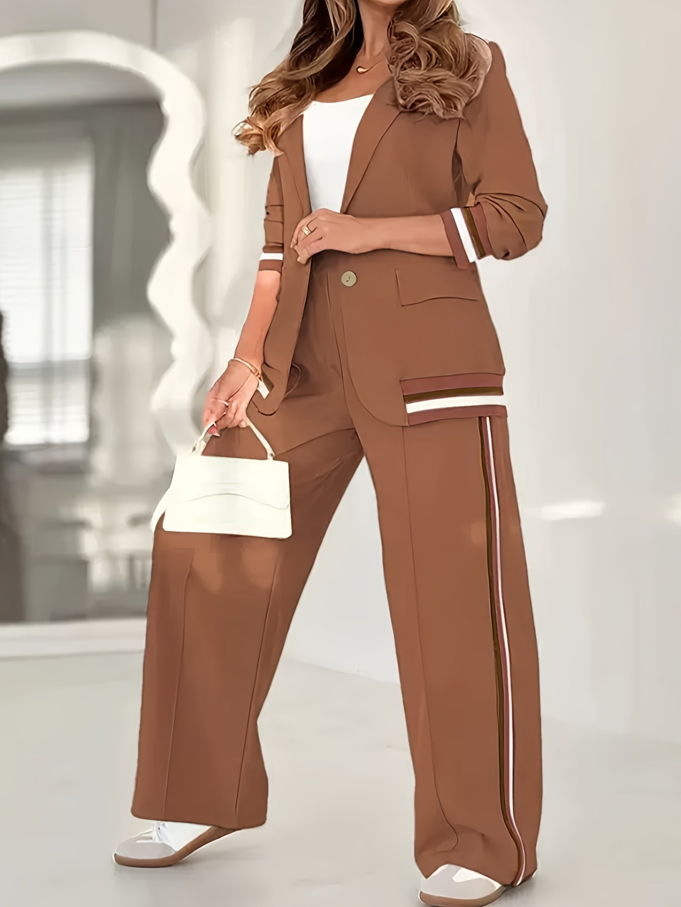 French Blazer Set – Button-Up Top + Wide-Leg Trousers