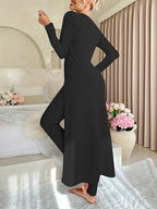 Two-piece Set of Long-sleeved Ribbed Top and Pants for Women