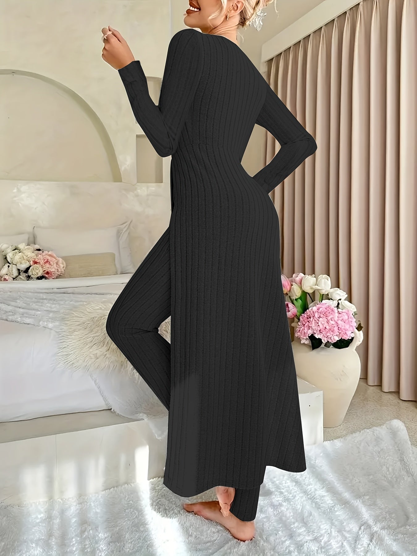 Bellary Ribbed Long-Sleeve Two-Piece Set – Top & Pants