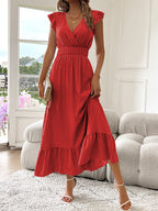 Radiant Charm V-Neck Ruffled Midi Dress