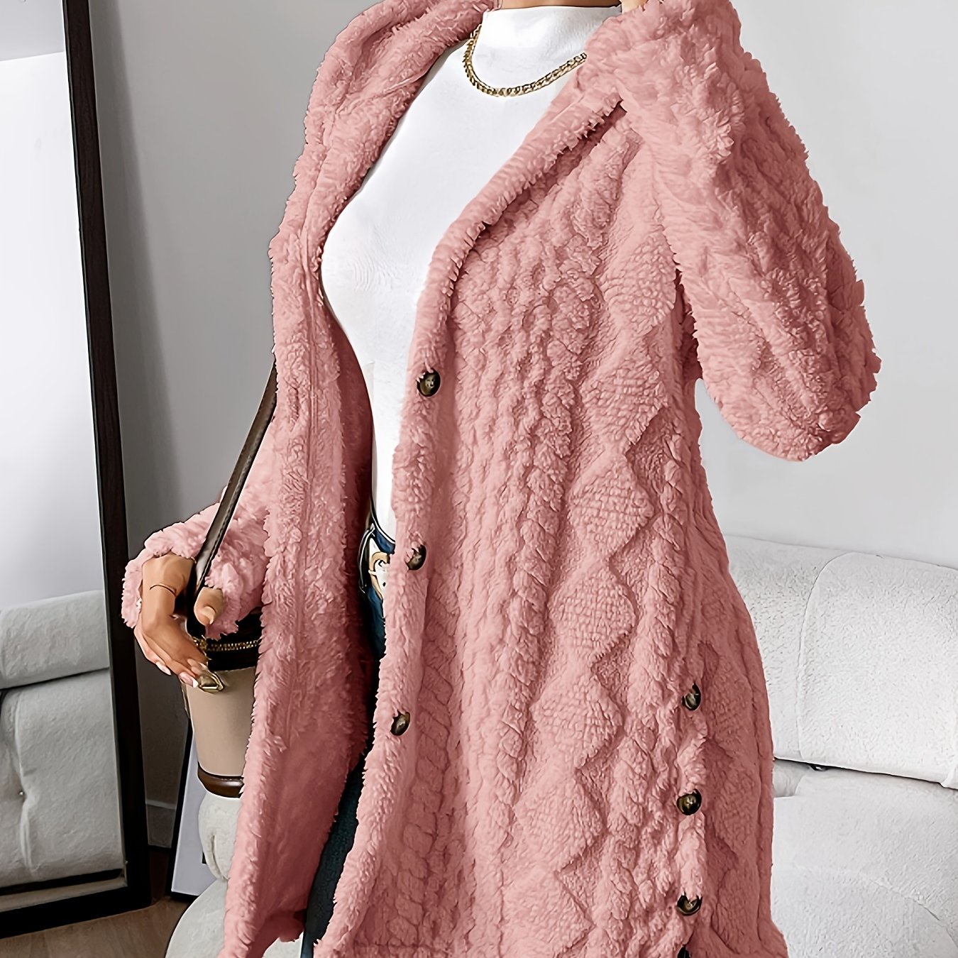 Plush Elegance – Hooded Jacquard Coat