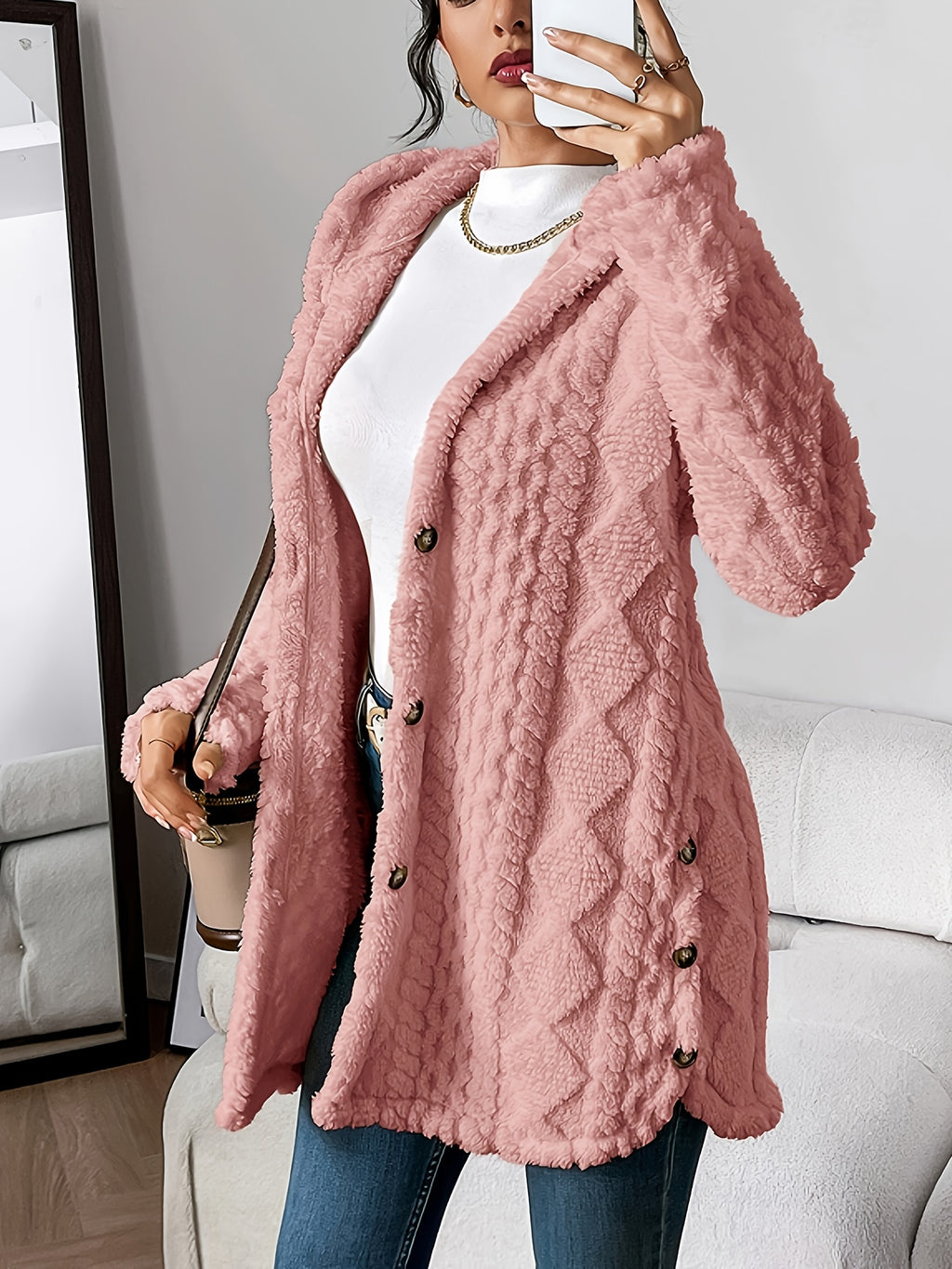 Plush Elegance – Hooded Jacquard Coat
