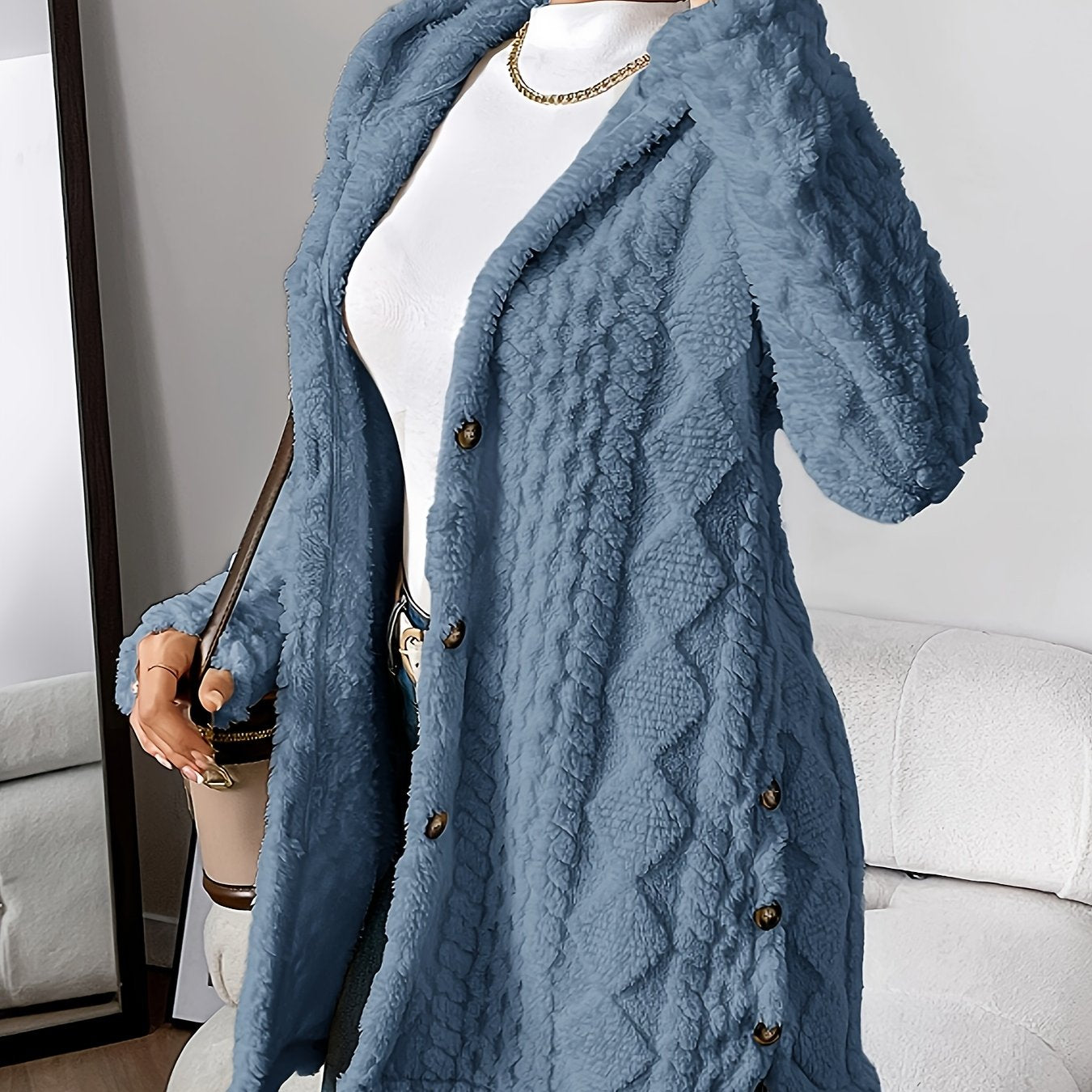 Plush Elegance – Hooded Jacquard Coat