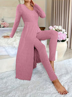 Two-piece Set of Long-sleeved Ribbed Top and Pants for Women