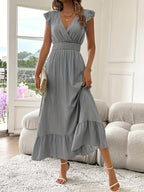 Radiant Charm V-Neck Ruffled Midi Dress