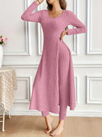 Two-piece Set of Long-sleeved Ribbed Top and Pants for Women
