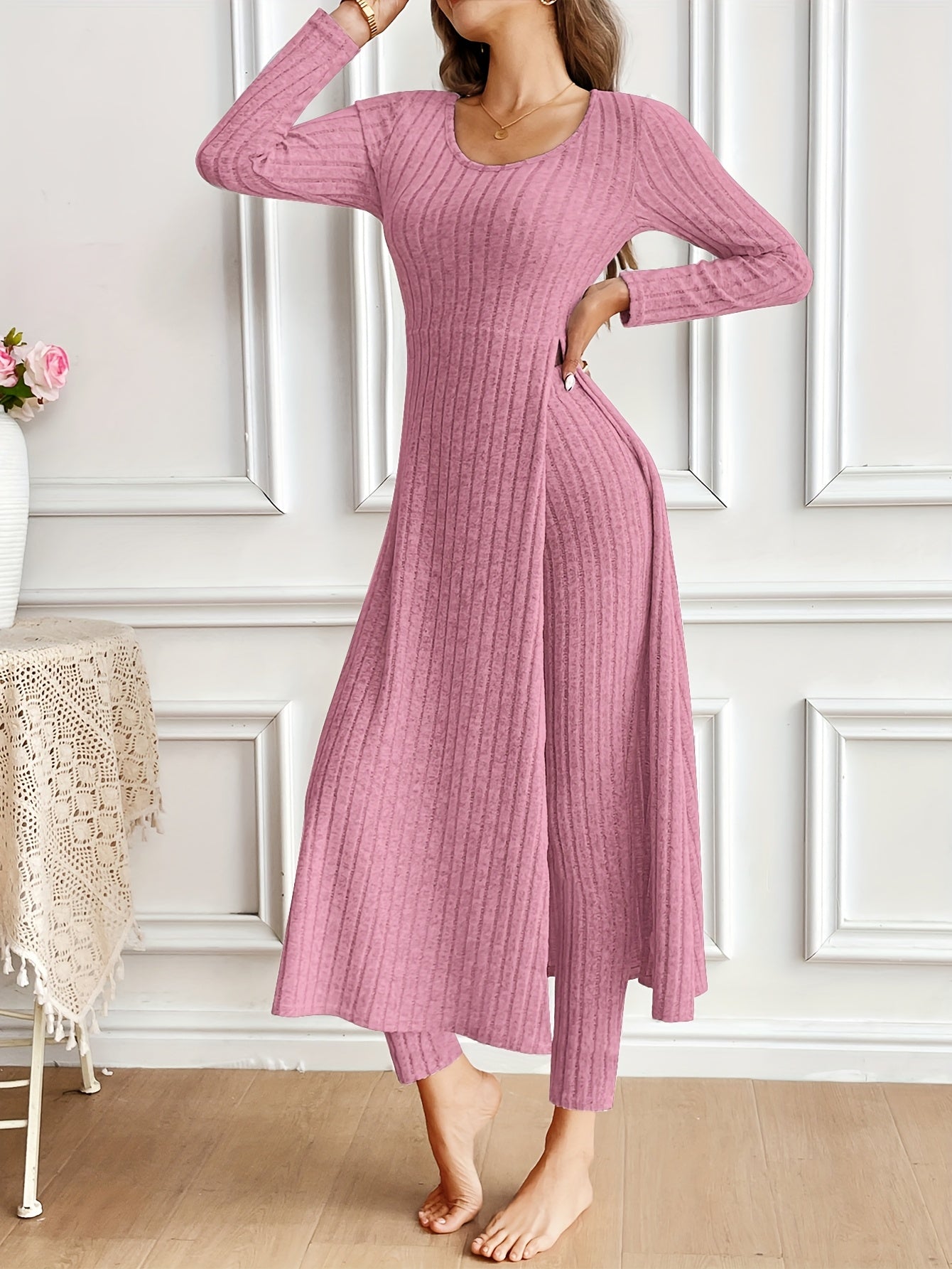 Two-piece Set of Long-sleeved Ribbed Top and Pants for Women