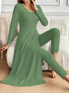 Two-piece Set of Long-sleeved Ribbed Top and Pants for Women