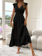 Radiant Charm V-Neck Ruffled Midi Dress