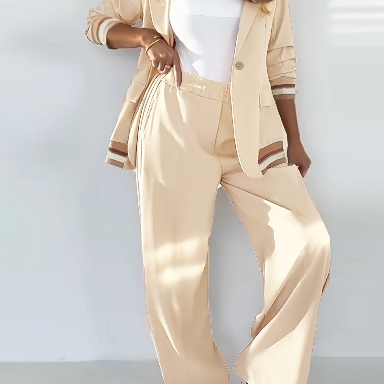 Women’s French Two-Piece Blazer Set – Button-Up Top + Wide-Leg Trousers