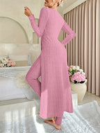 Two-piece Set of Long-sleeved Ribbed Top and Pants for Women