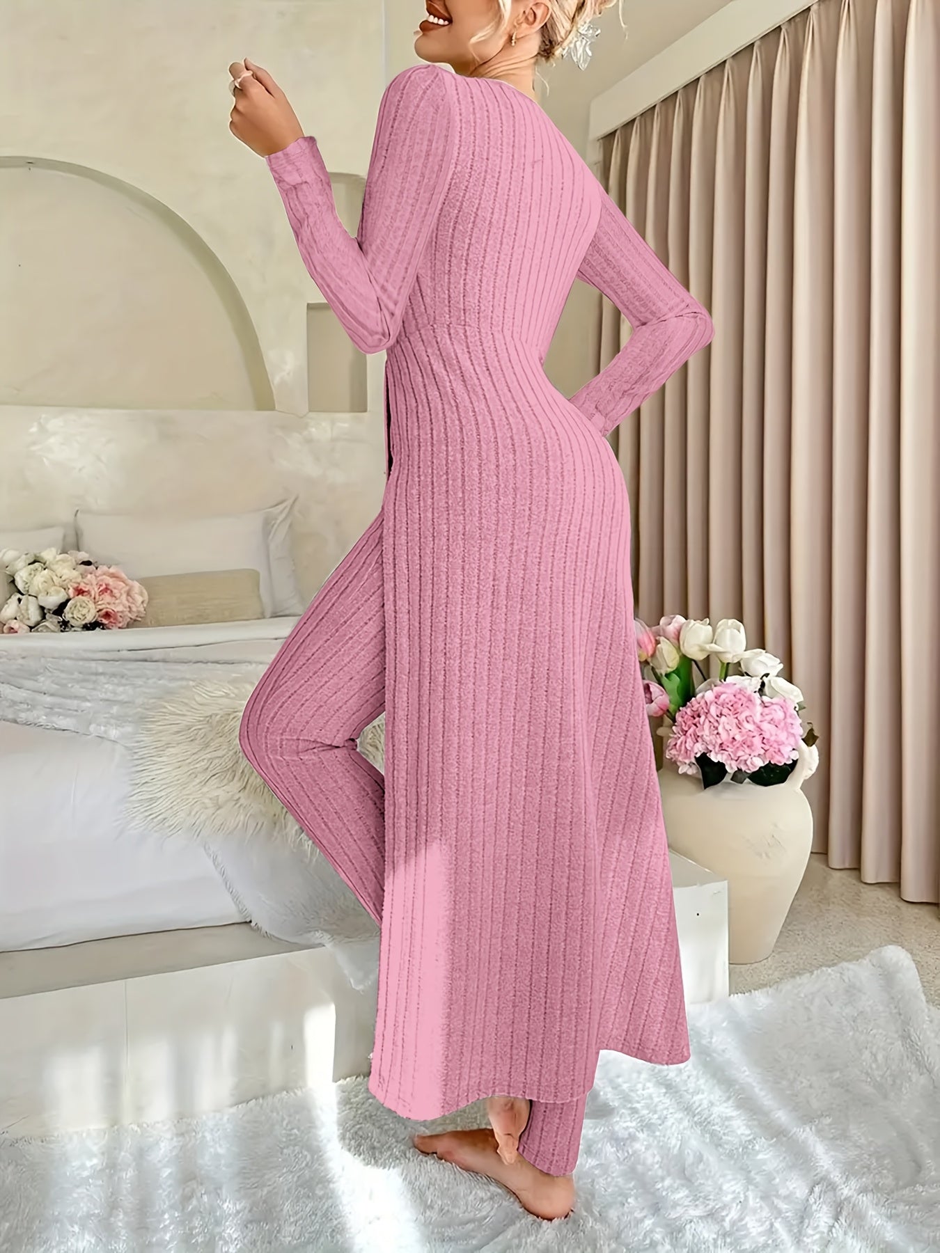Two-piece Set of Long-sleeved Ribbed Top and Pants for Women