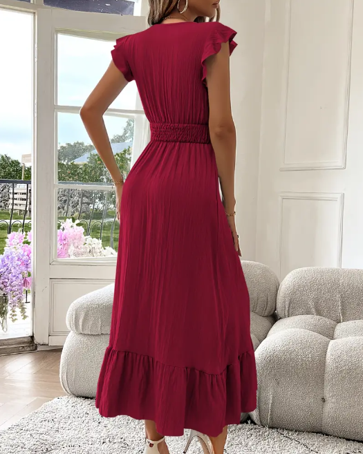 Women’s V-Neck Ruffled Midi Dress with Shirred Waist