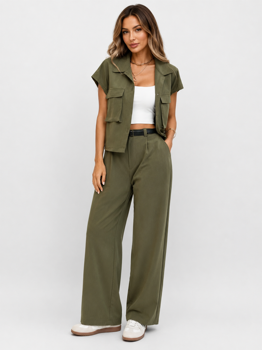 Women's Two-Piece Set Short Sleeve Button-Up Blouse & Wide-Leg Trousers