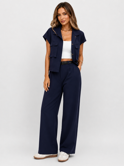 Women's Two-Piece Set Short Sleeve Button-Up Blouse & Wide-Leg Trousers