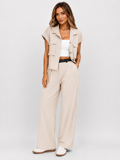 Women's Two-Piece Set Short Sleeve Button-Up Blouse & Wide-Leg Trousers
