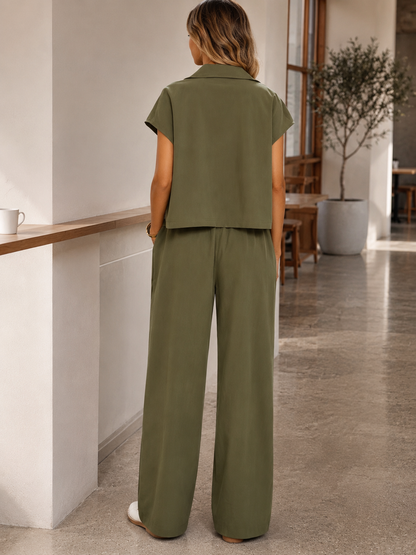 Women's Two-Piece Set Short Sleeve Button-Up Blouse & Wide-Leg Trousers