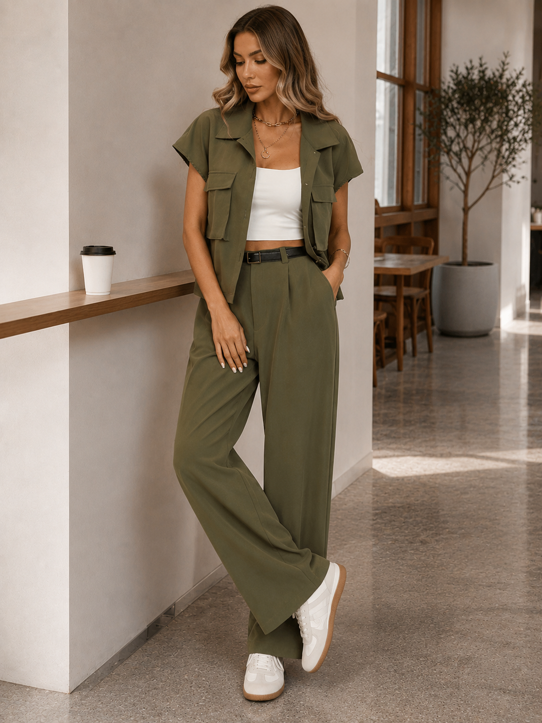 Women's Two-Piece Set Short Sleeve Button-Up Blouse & Wide-Leg Trousers