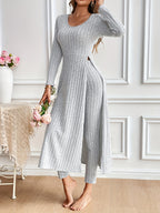 Two-piece Set of Long-sleeved Ribbed Top and Pants for Women