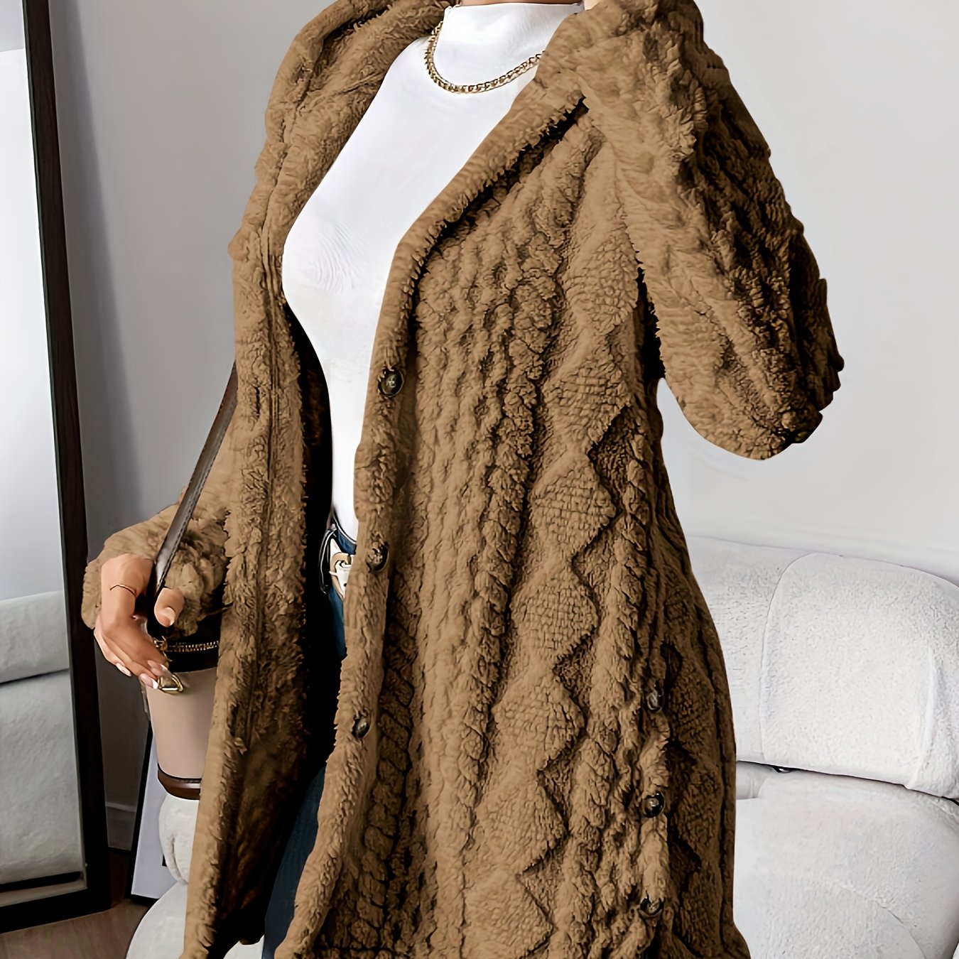 Plush Elegance – Hooded Jacquard Coat
