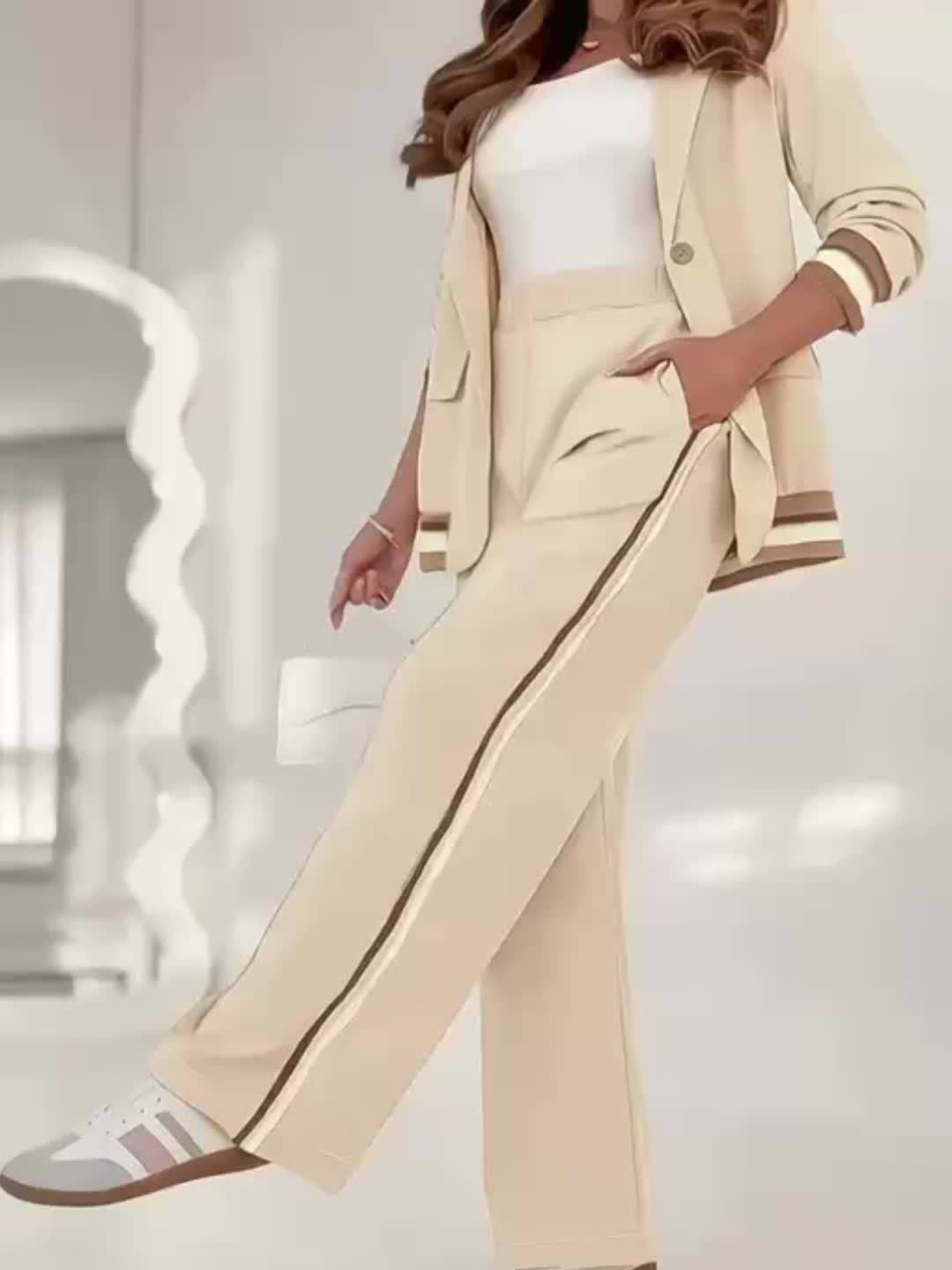 Women’s French Two-Piece Blazer Set – Button-Up Top + Wide-Leg Trousers