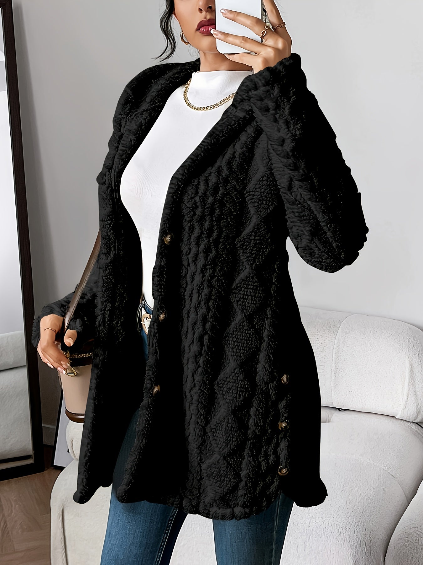 Plush Elegance – Hooded Jacquard Coat