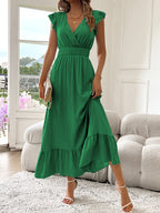 Radiant Charm V-Neck Ruffled Midi Dress