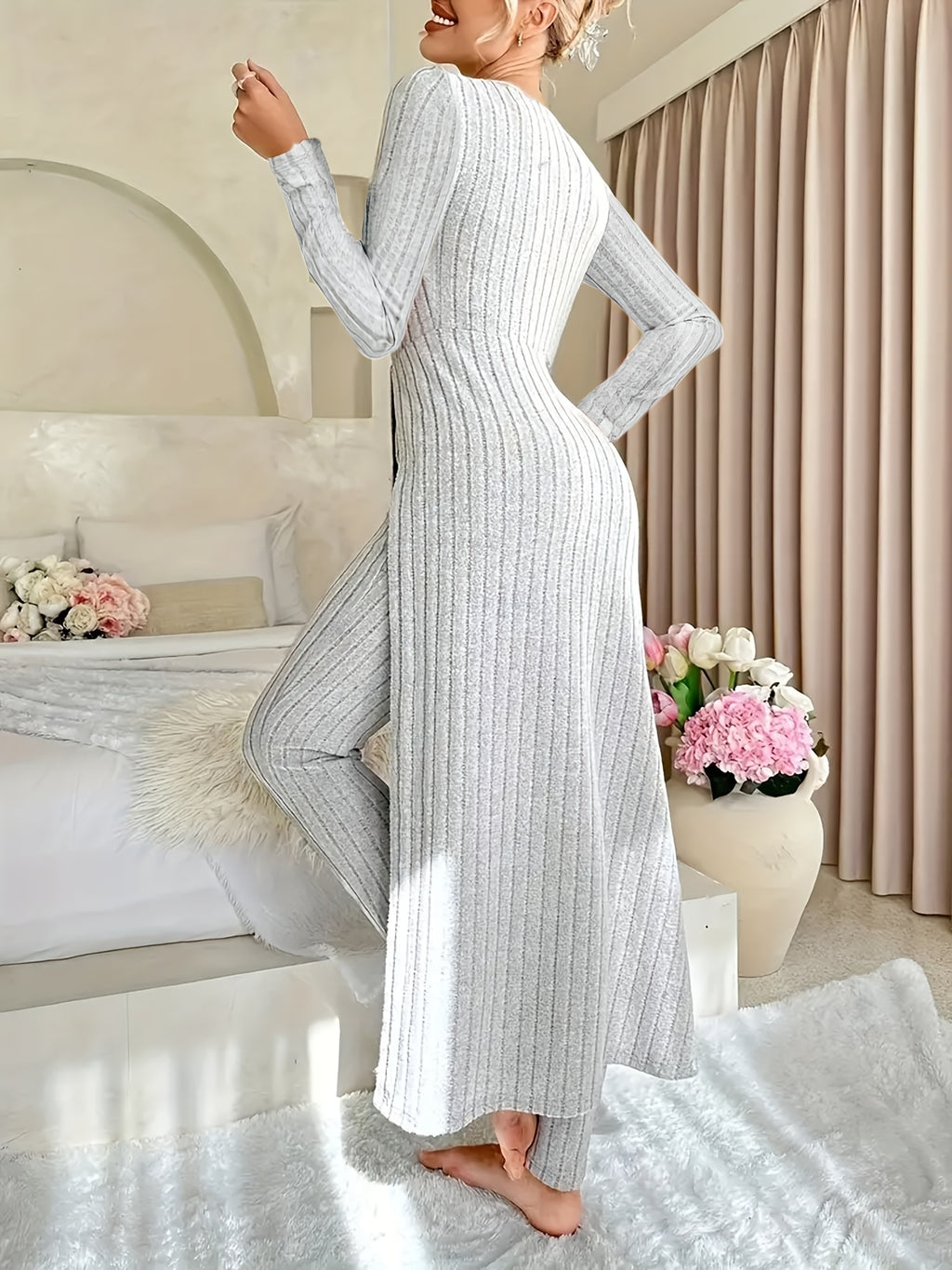 Two-piece Set of Long-sleeved Ribbed Top and Pants for Women