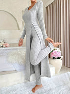 Two-piece Set of Long-sleeved Ribbed Top and Pants for Women