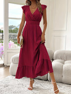 Radiant Charm V-Neck Ruffled Midi Dress