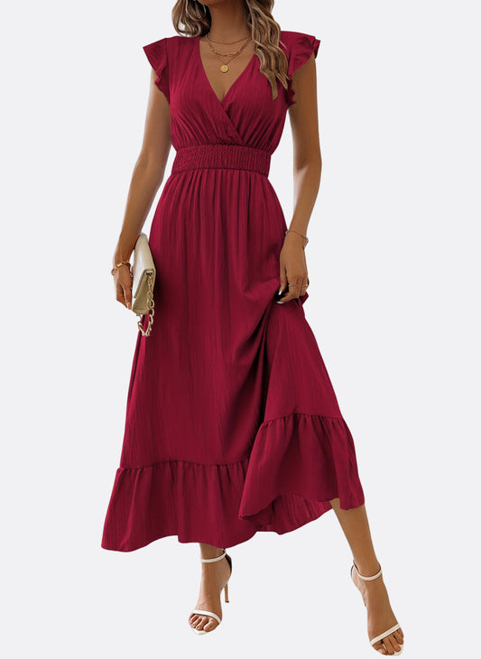 Women’s V-Neck Ruffled Midi Dress with Shirred Waist