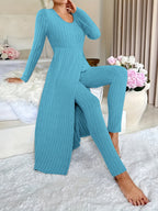 Two-piece Set of Long-sleeved Ribbed Top and Pants for Women