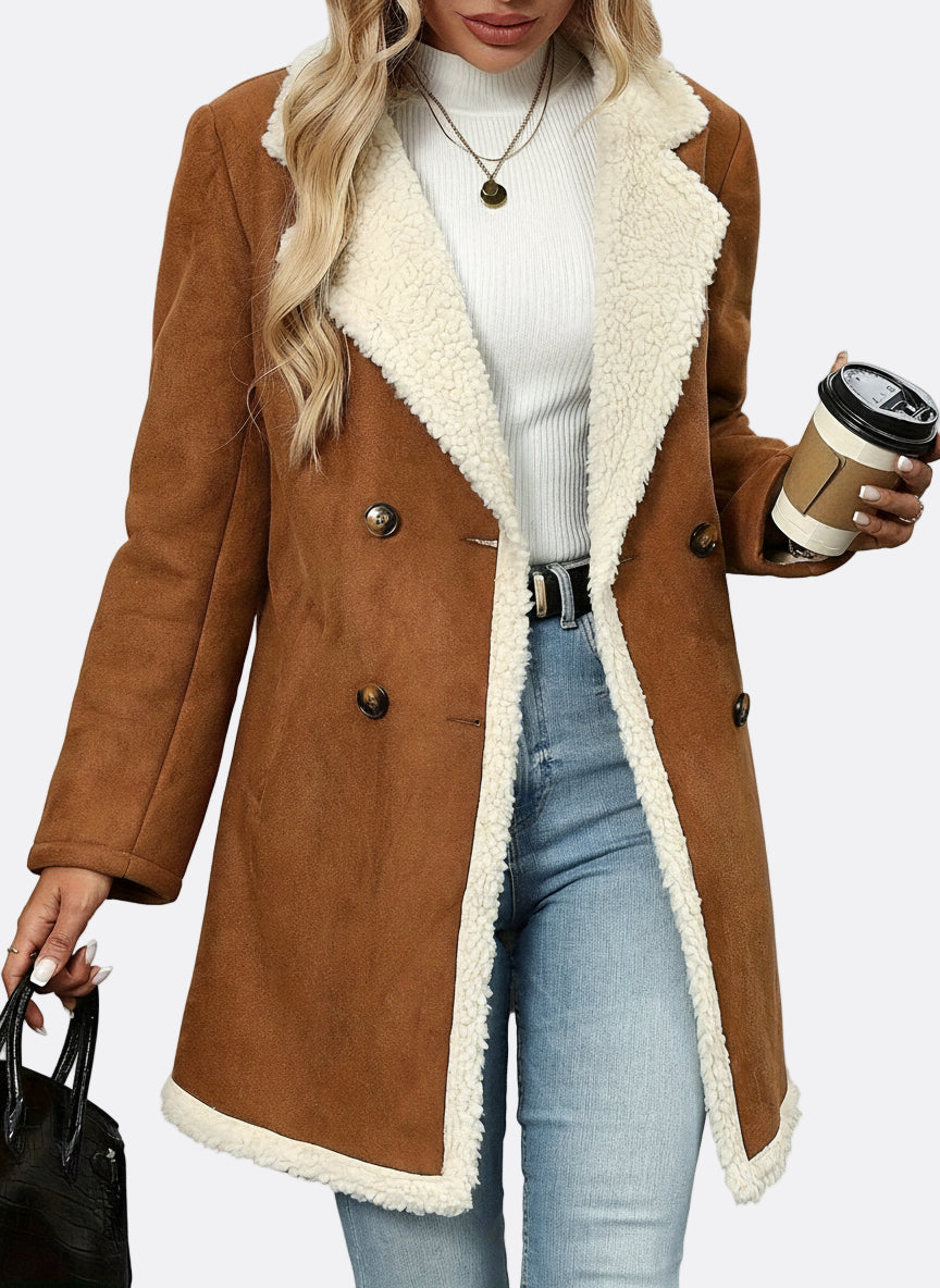 Women’s Brown Double-Breasted Coat with Soft Lining