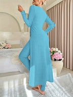 Two-piece Set of Long-sleeved Ribbed Top and Pants for Women
