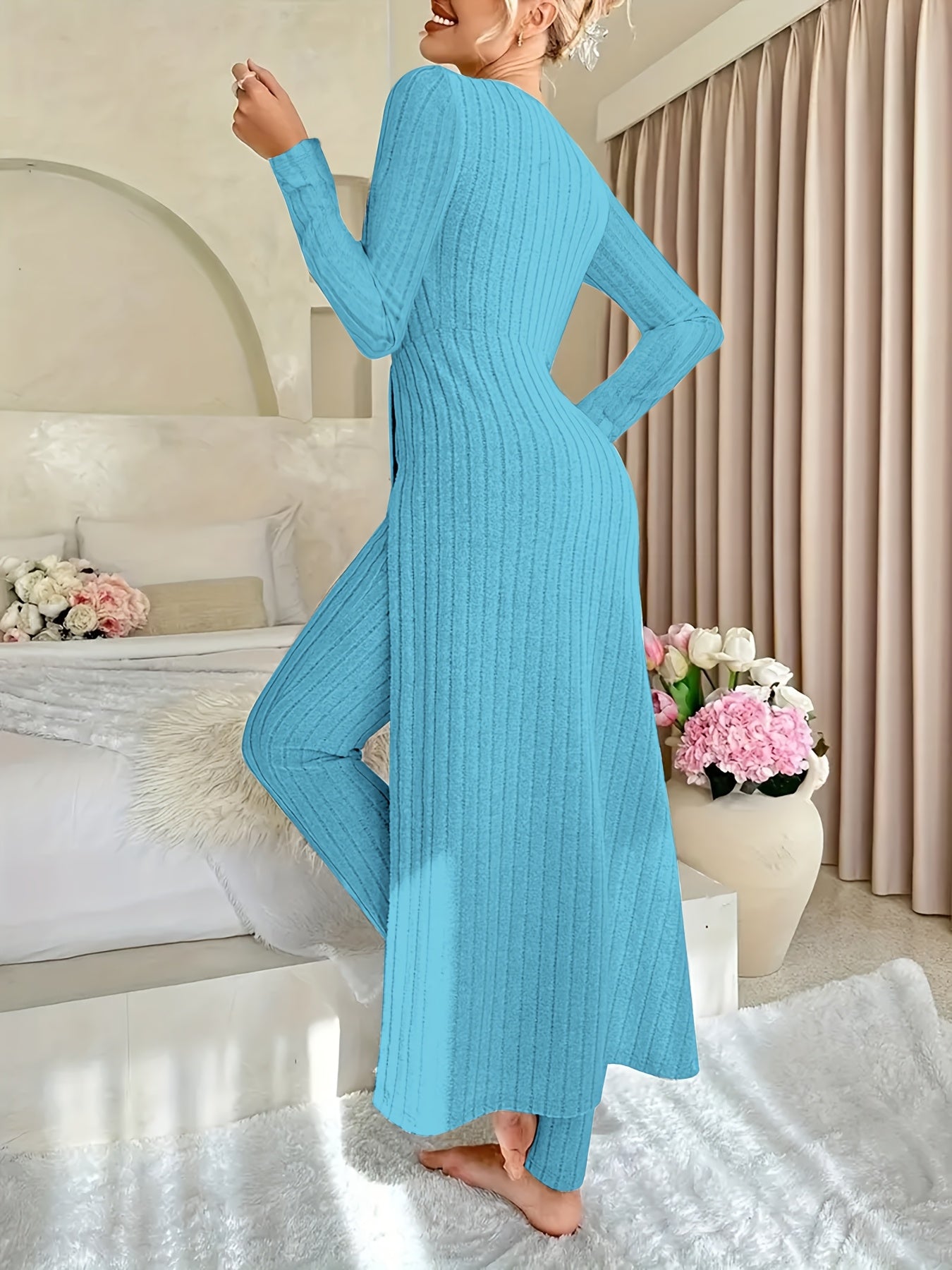 Two-piece Set of Long-sleeved Ribbed Top and Pants for Women