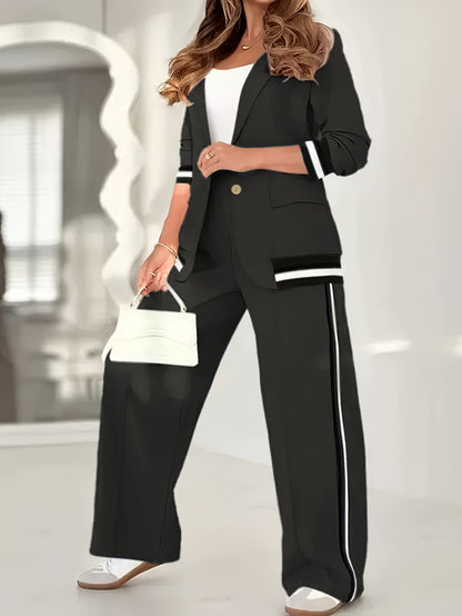 Women’s French Two-Piece Blazer Set – Button-Up Top + Wide-Leg Trousers