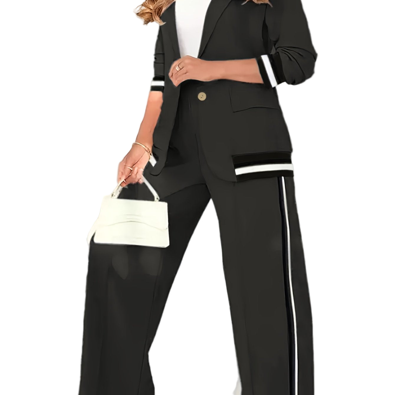 Women’s French Two-Piece Blazer Set – Button-Up Top + Wide-Leg Trousers